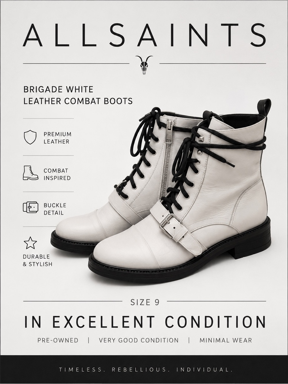 AllSaints Brigade White Leather Combat Boots Buckle Moto Boots